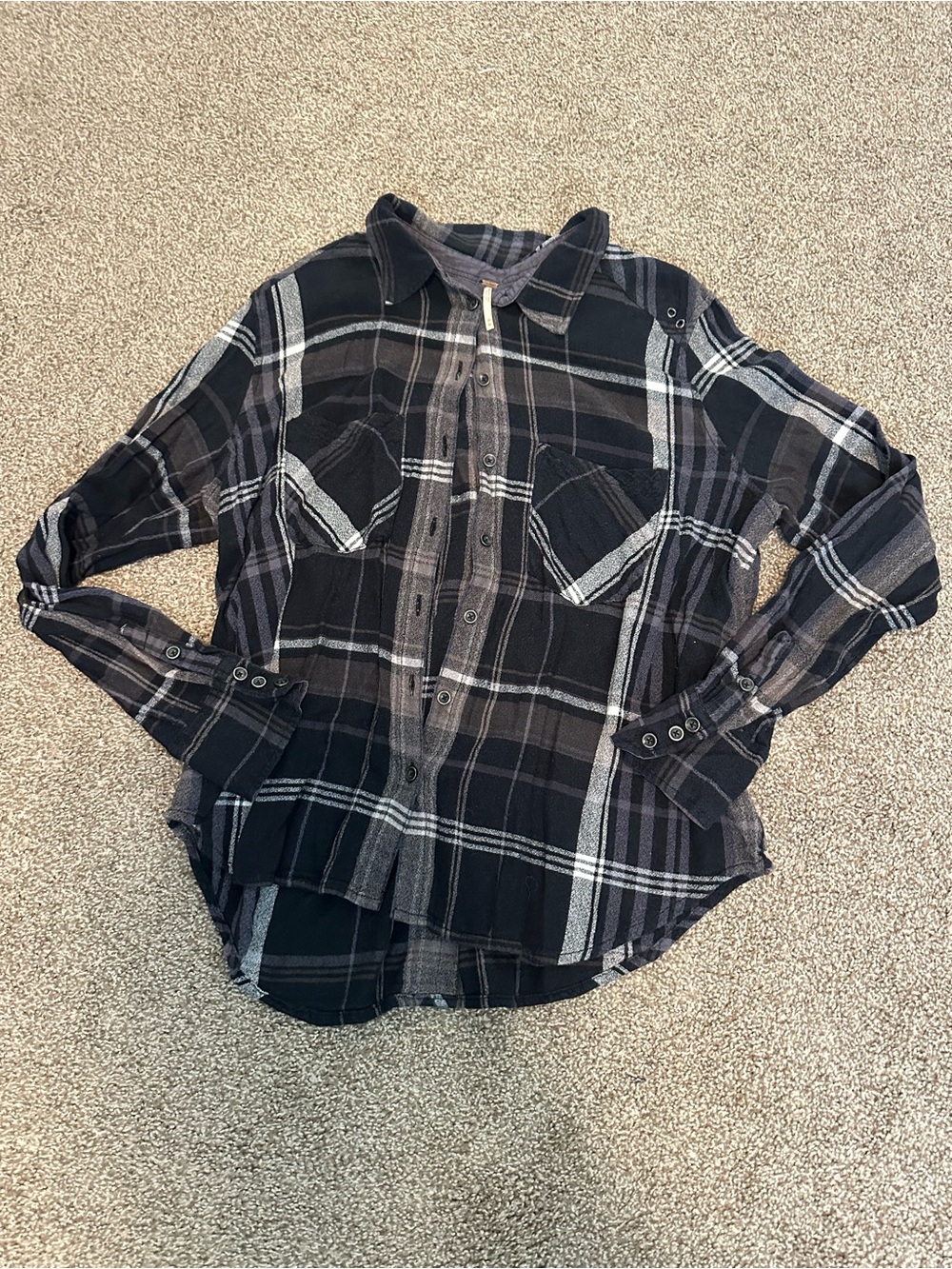 Free People Black Gray Plaid Flannel Button Down Shirt M